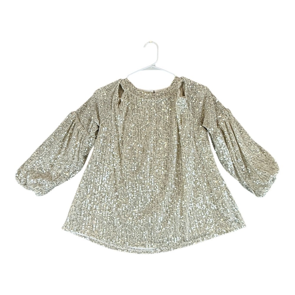 CeCe Womens Large Champagne Gold‎ Sequin Cold Shoulder Balloon Sleeve Party Top